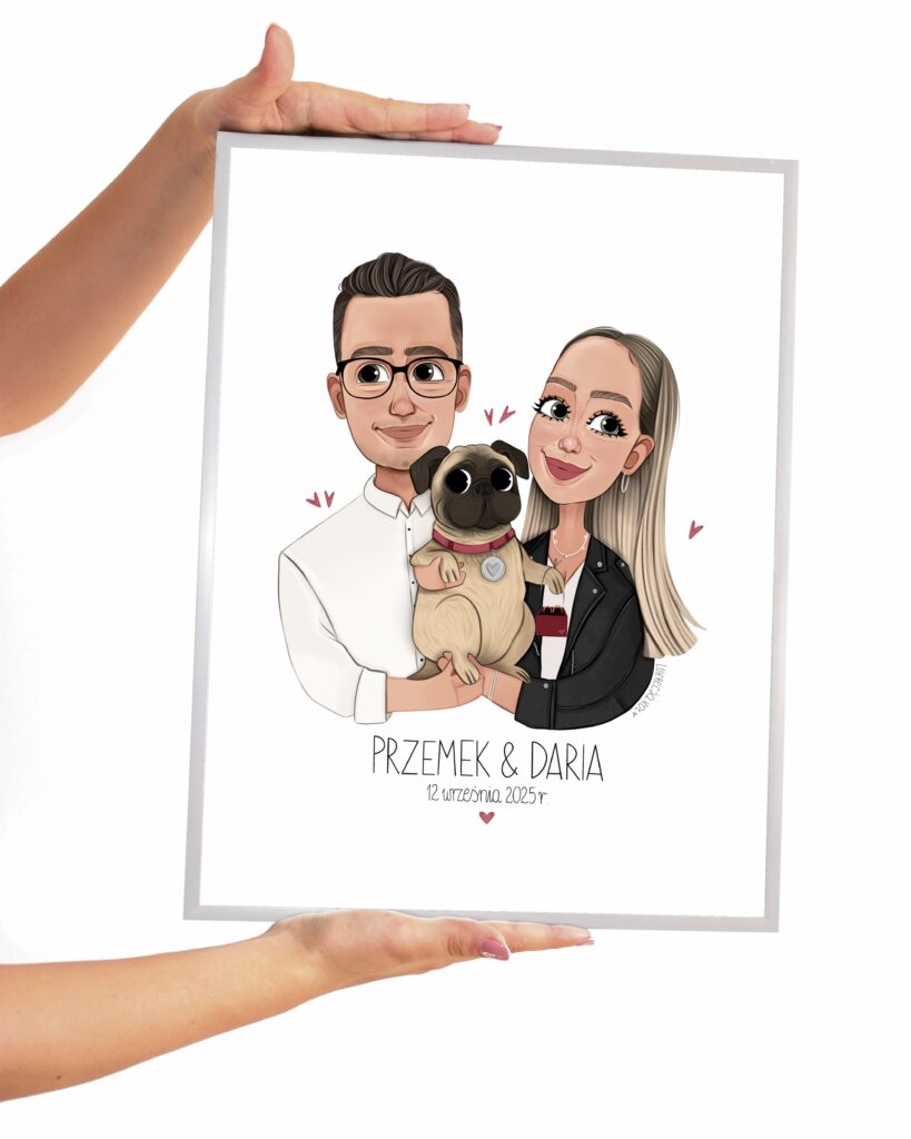 Bajkowy portret pary z pieskiem na białym tle z podpisem i serduszkami dookoła. Autor: Lukrecja Kot